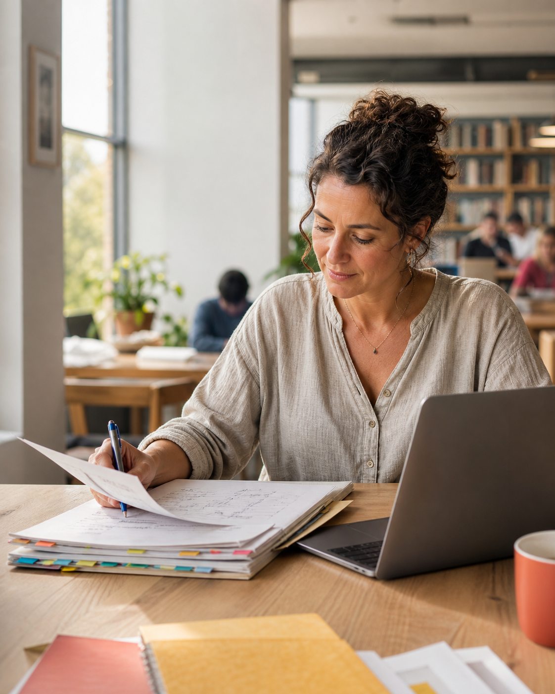 An educator planning a course with lesson notes and a laptop in a bright learning space