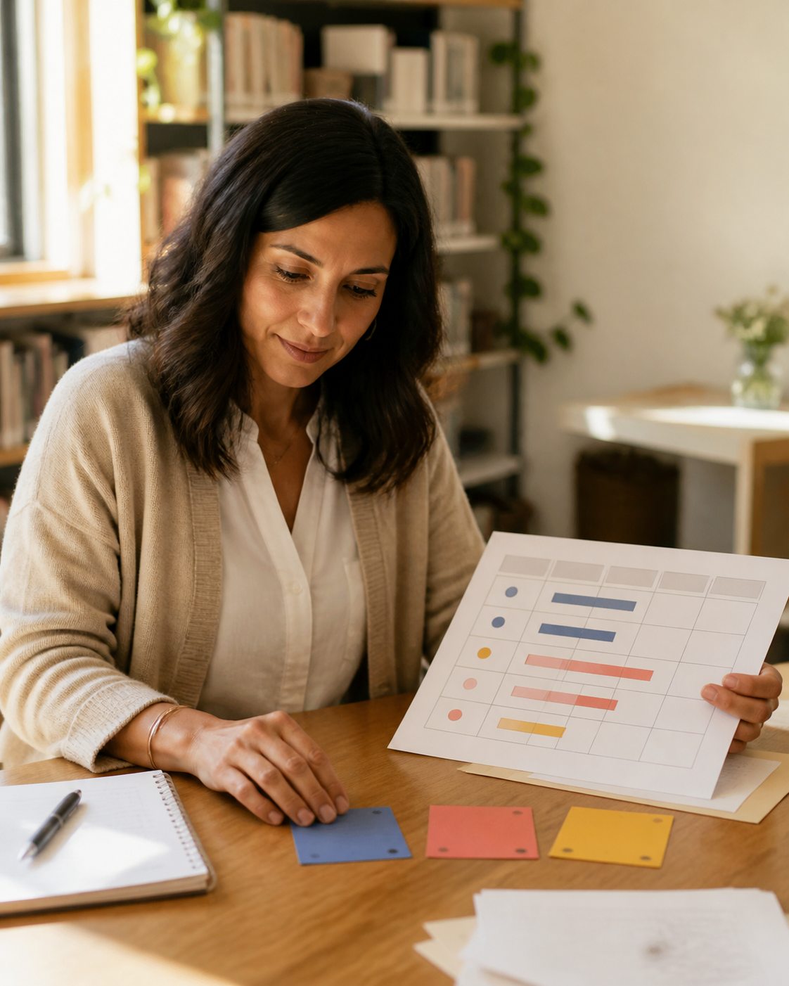 An educator reviewing a simple learning overview and three priority markers