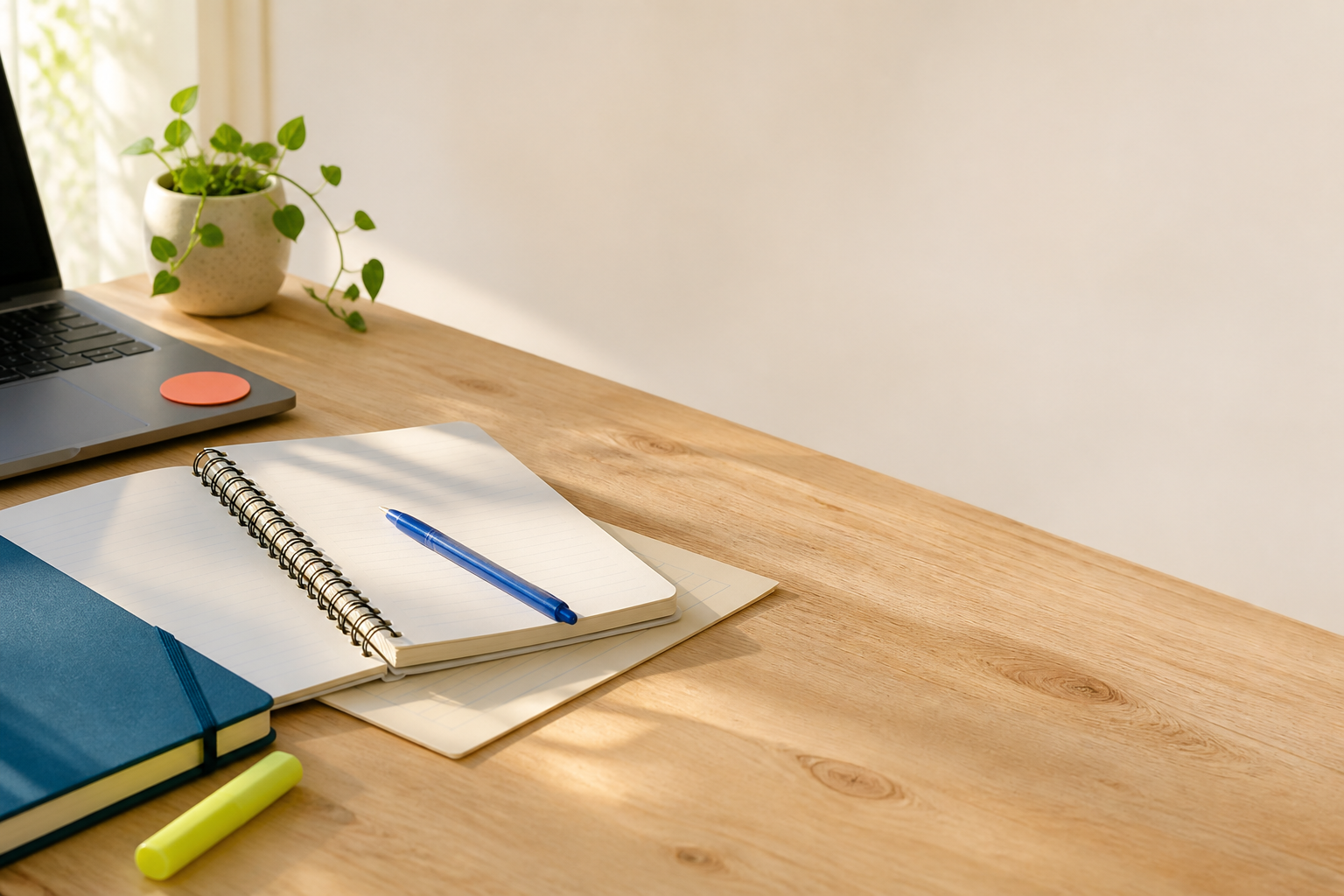 A calm study desk with a notebook, pen and laptop ready for a first Moodle task