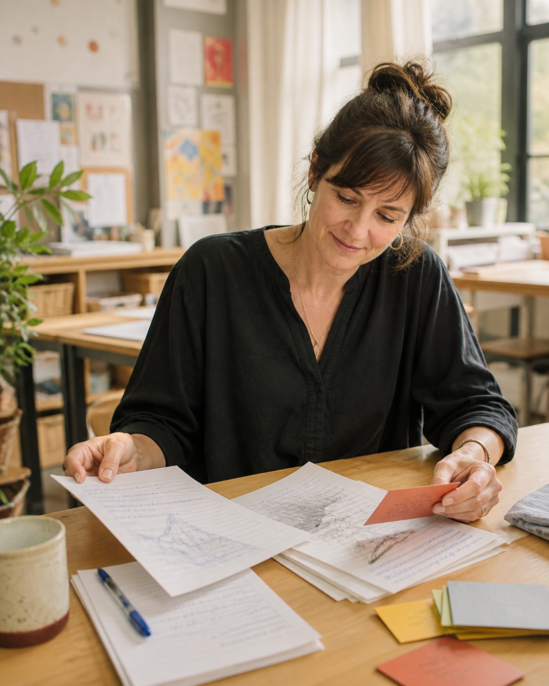 An educator calmly reviewing student work and feedback cards